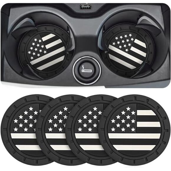 American Flag Car Cup Coasters 4-Pack Cup Holder Anti Slip Rubber Vehicle Black - Picture 1 of 7